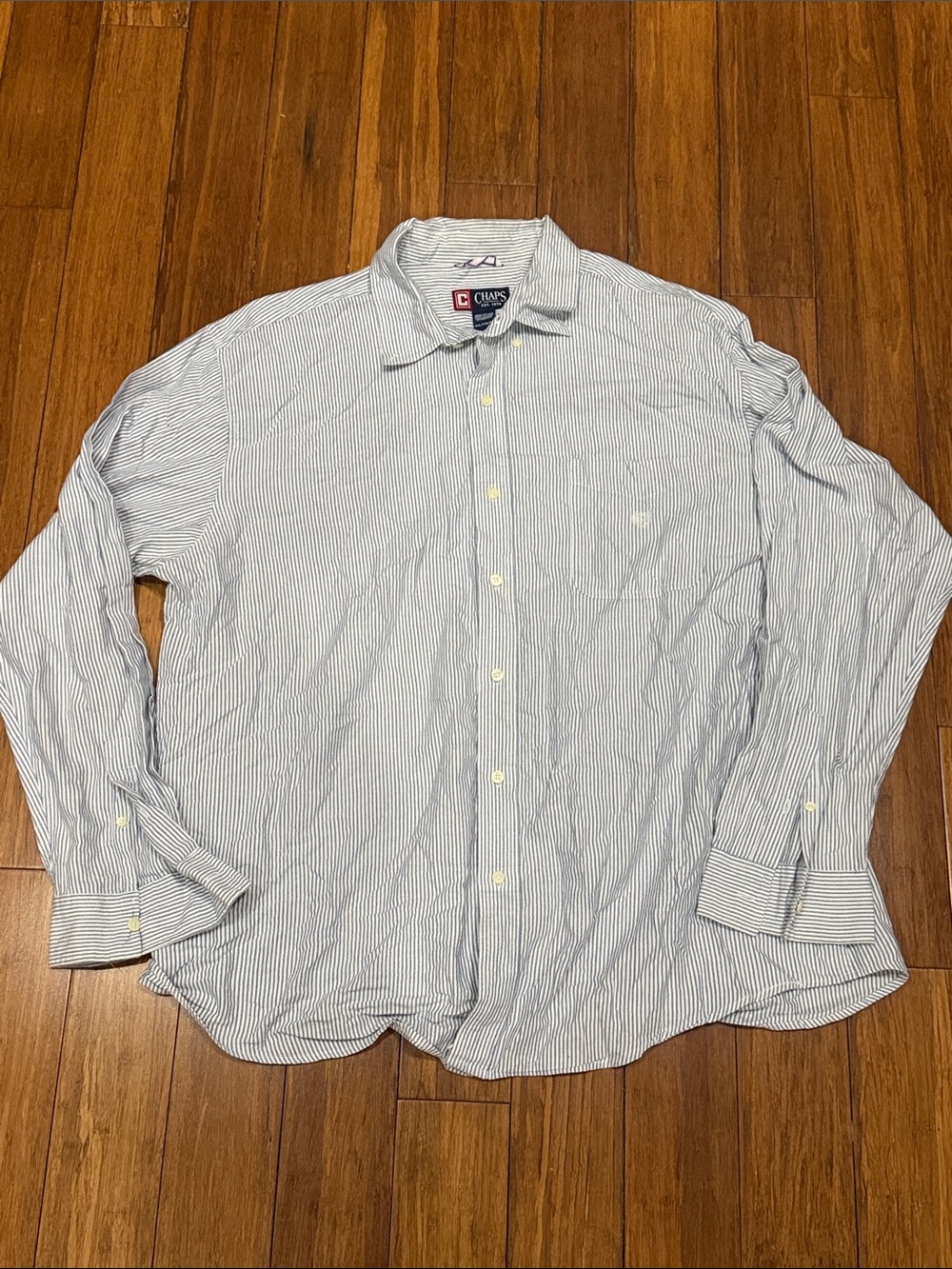 Chaps Men's Light Blue and White Pinstripe Dress Shirt